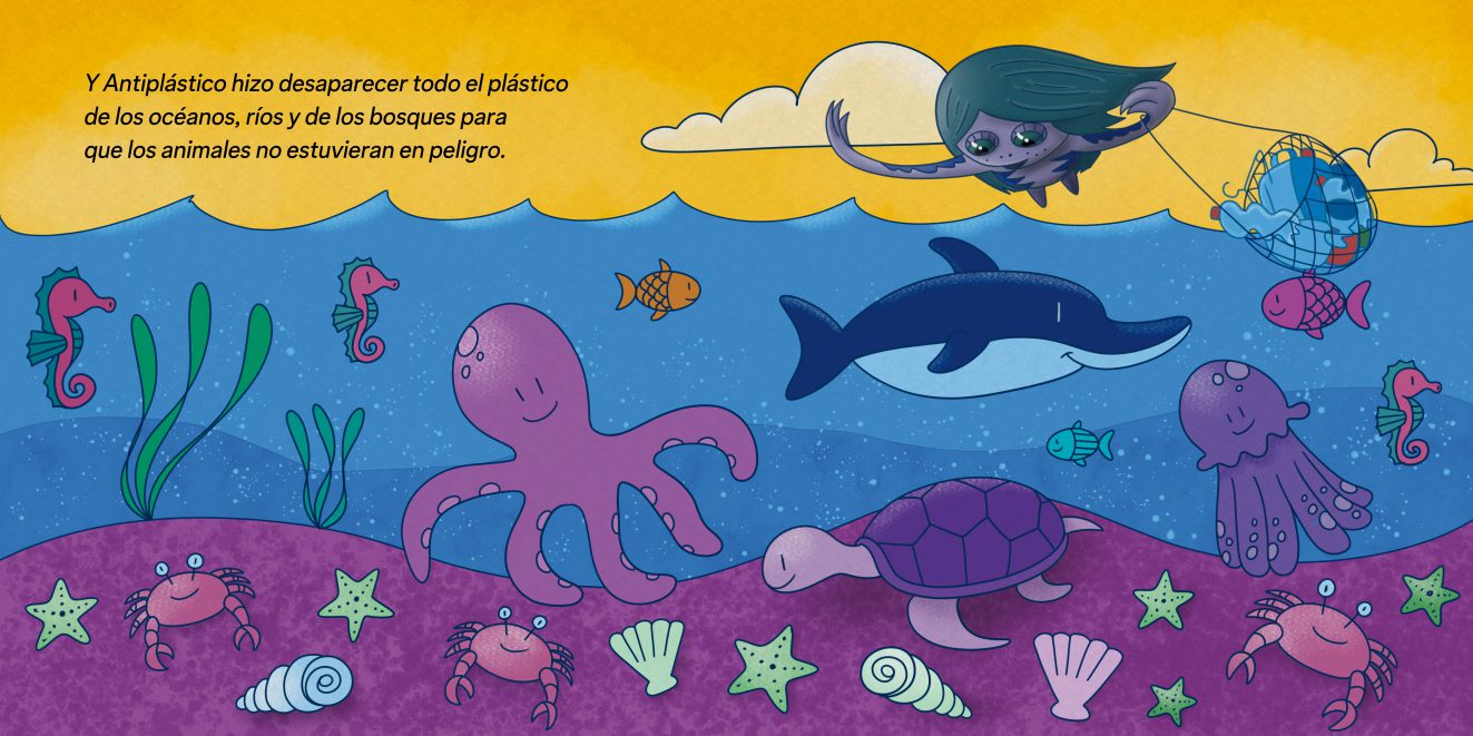 Ilustración cuento infantil eliminar plásticos