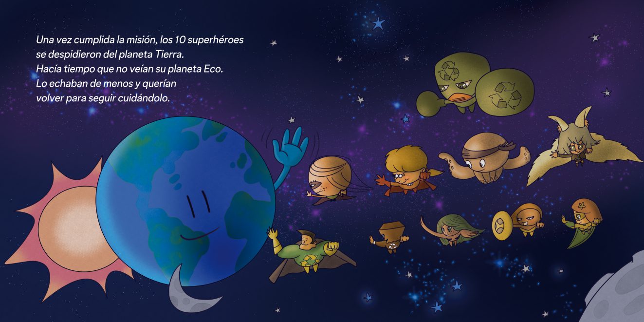 Ilustración cuento infantil planeta limpio.