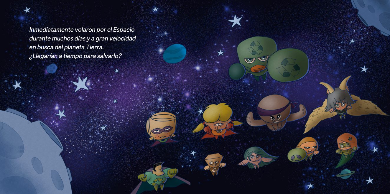 ilustración cuento infantil superheroes espacio
